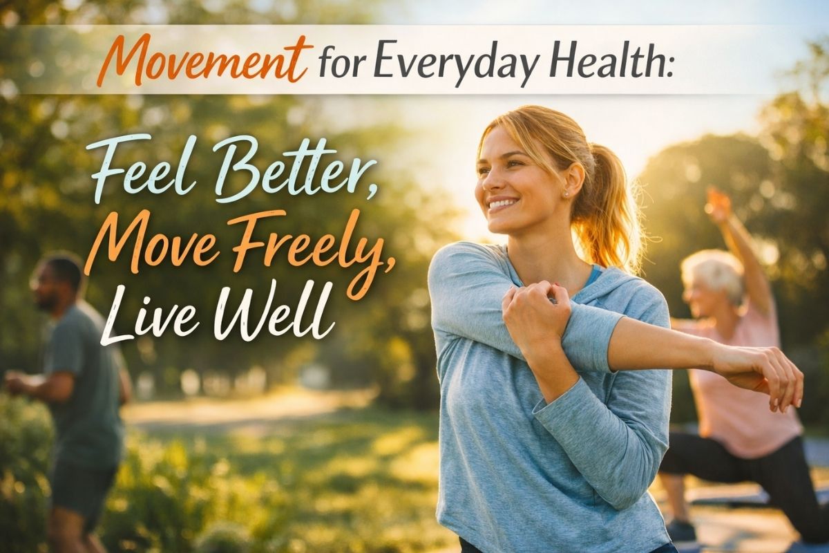 Title: Movement for Everyday Health: Feel Better, Move Freely, Live Well. Shows people exercising in the background.