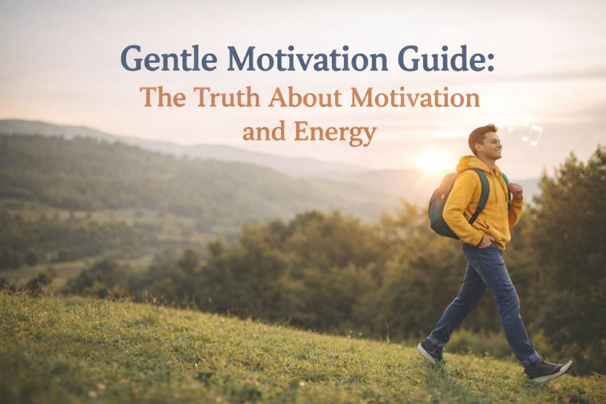 Title: Gentle Motivation Guide:The Truth About Motivation and Energy. A guy is walking with a backpack, down a hill in the country.