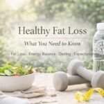 Healthy fat loss concept image featuring fresh salad, dumbbells, water bottle, and measuring tape with the title Healthy Fat Loss: What You Need to Know