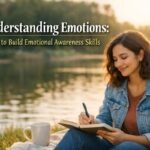 Title: Understanding Emotions: How to build emotional Awareness Skills. Shows a woman sitting by a lake writing in a journal.