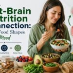 Text reads The Gut-Brain Nutrition Connection: How Food Shapes Your Mood Image of lady eating a salad. Also shows a brain and gut.