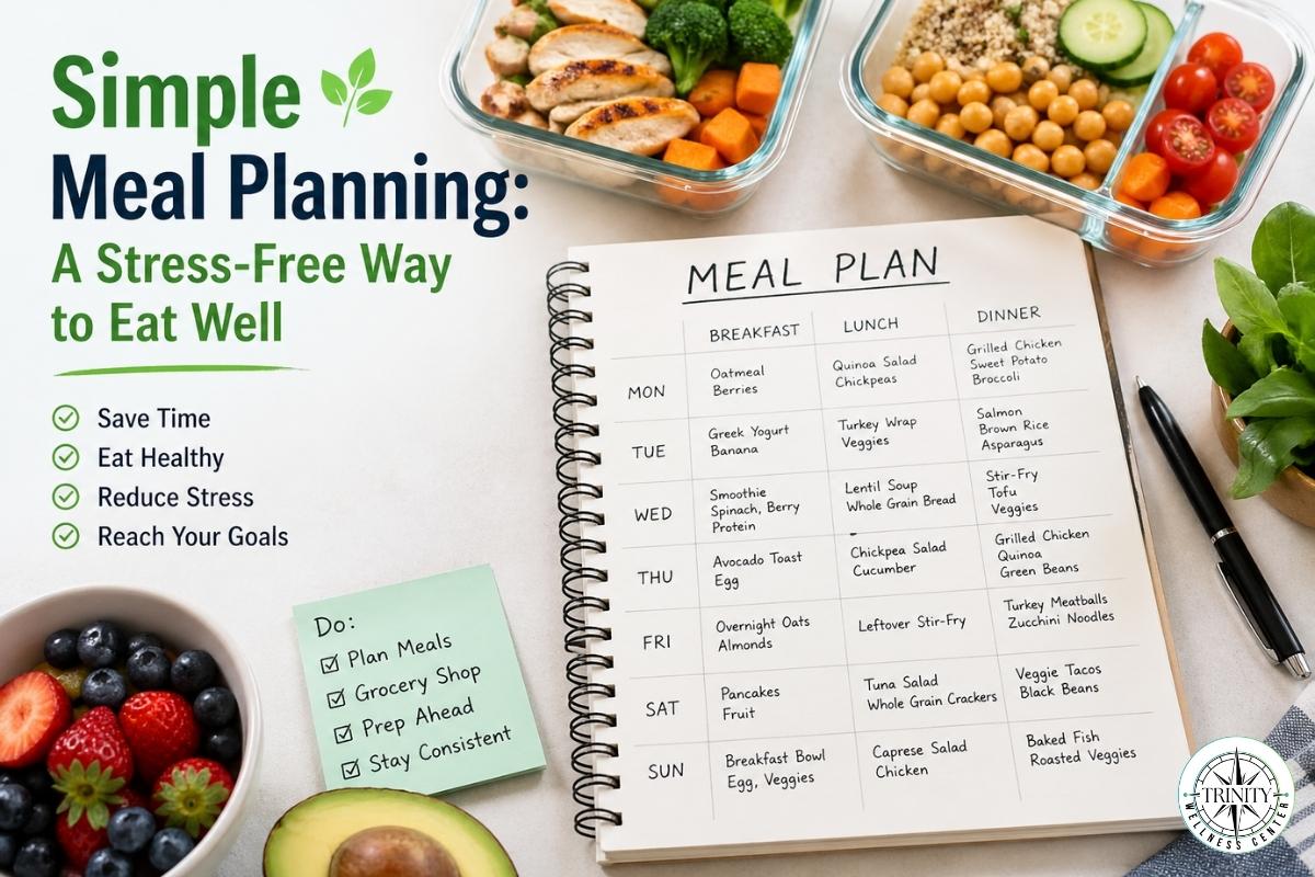 Text reads Simple Meal Planning: A Stress-free Way to Eat Well. Images of food and a Meal Planner.
