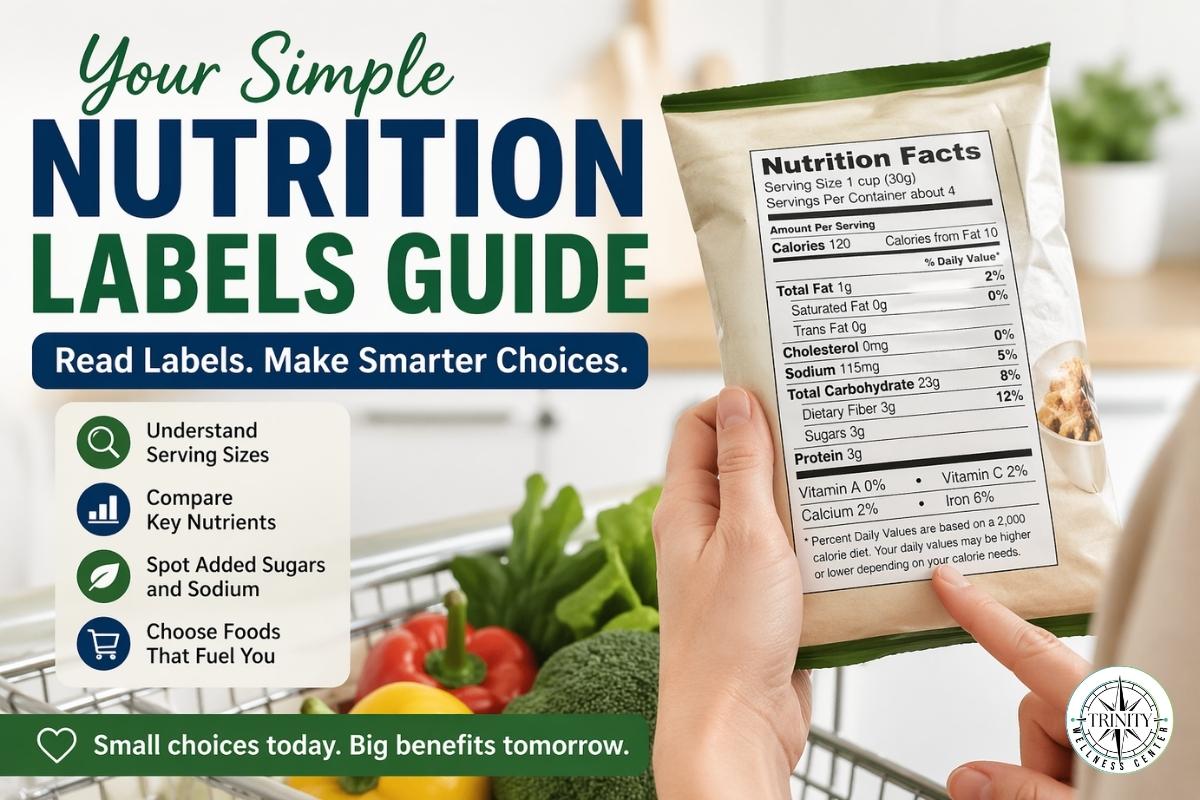 Title: Your simple nutrition labels guide. Hand holding a food product with a nutrition label