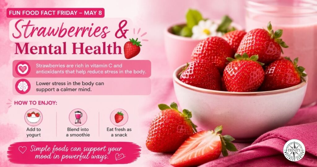 A bright hot pink wellness graphic for Fun Food Fact Friday featuring fresh strawberries in a white bowl on a pink background. The image includes the title “Strawberries & Mental Health” with information about how strawberries support stress reduction and mood through vitamin C and antioxidants. Smaller illustrations show ways to enjoy strawberries, including adding them to yogurt, blending them into smoothies, or eating them fresh as a snack. The overall design is cheerful, colorful, and focused on healthy eating and mental wellness.