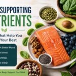 Title: Mood Supporting Nutrients. Shows images of Salmon, blueberries, spinach, almonds, oats, legumes, seeds, and olive oil. Text reads Foods that help you feel your best. Support better mood, reduce stress, boost energy, improve sleep. Nourish your body, support your mood.